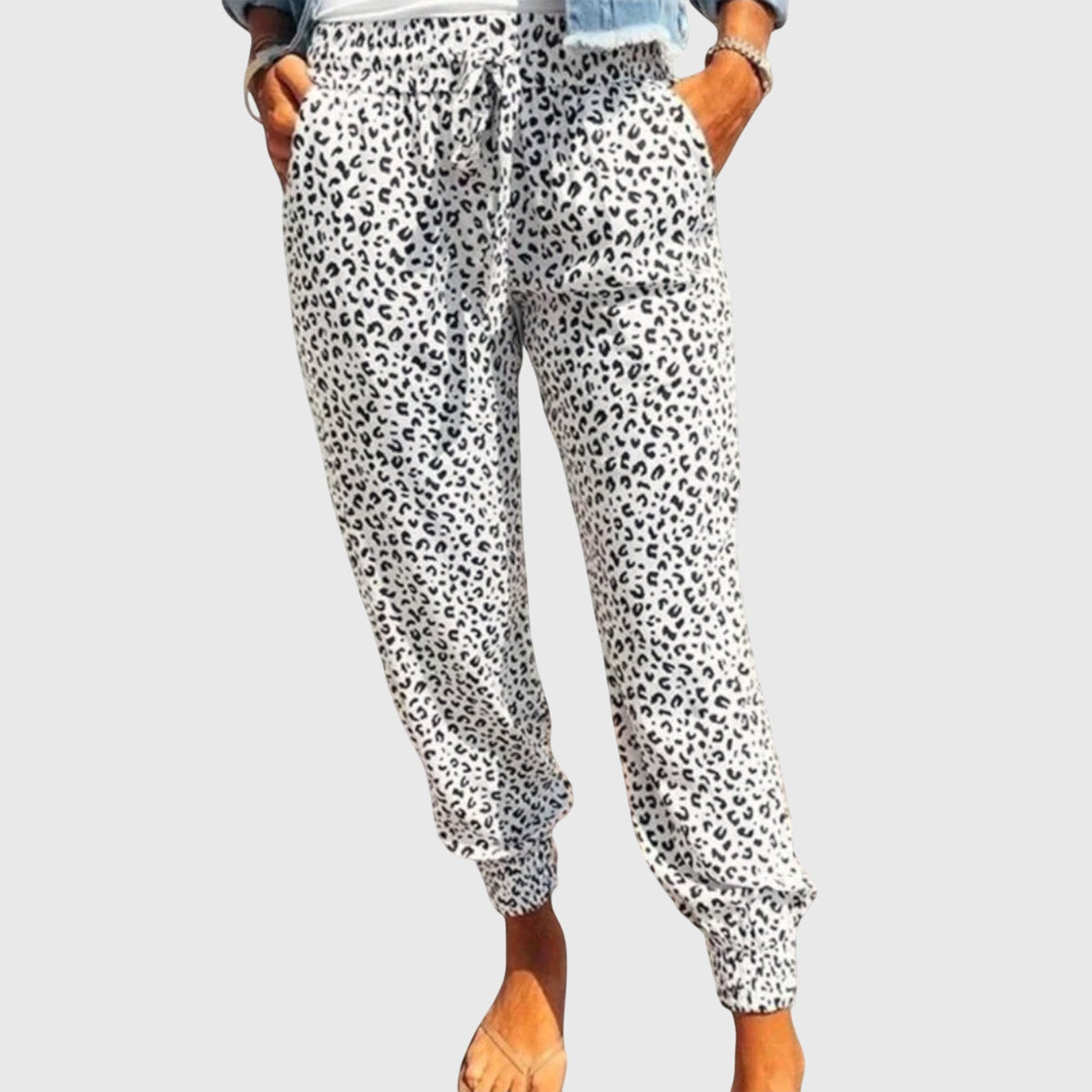 Women's Wide Leg Trousers with Animal Print and Elasticated Waist - White