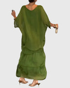 Women's Tiered Maxi Dress with Round Neck and Long Sleeves - 5