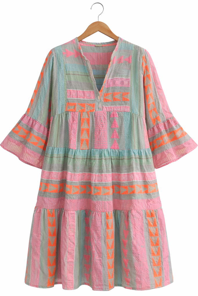 Women's Boho Dress with Tiered Silhouette and Bell Sleeves - 4