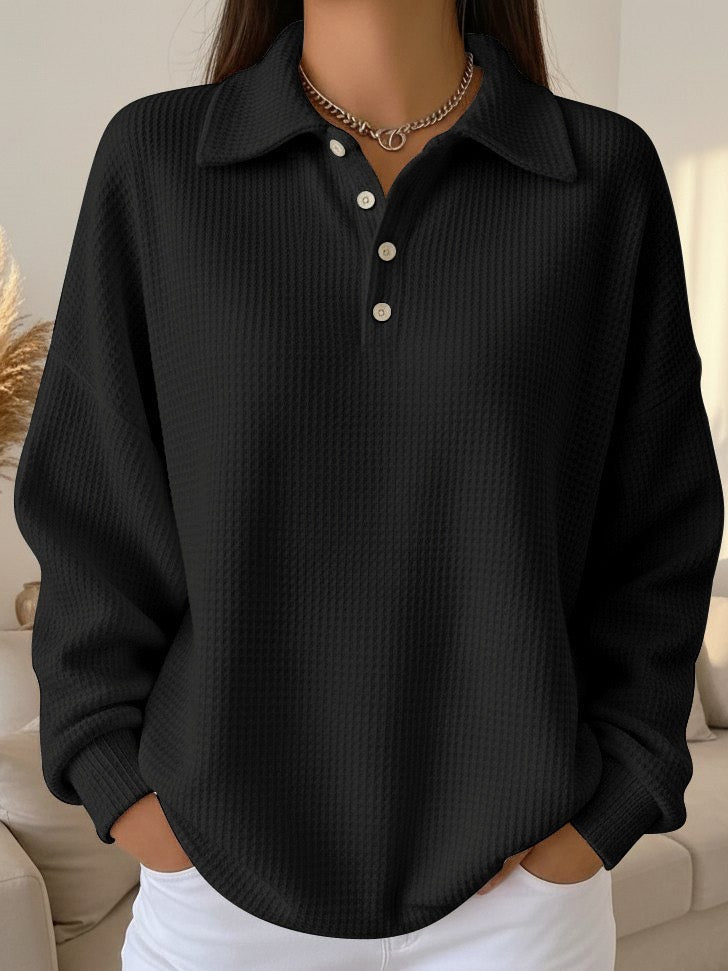 Women's Jumper with Collar and Button Placket - Black