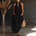 Women's Halter Neck Maxi Dress with Button Front and Relaxed Silhouette - Black
