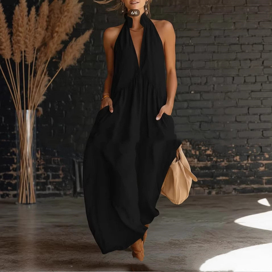 Women's Halter Neck Maxi Dress with Button Front and Relaxed Silhouette - Black