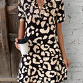 Women's Leopard Print Dress with Notch Neck and Short Sleeves - Blue