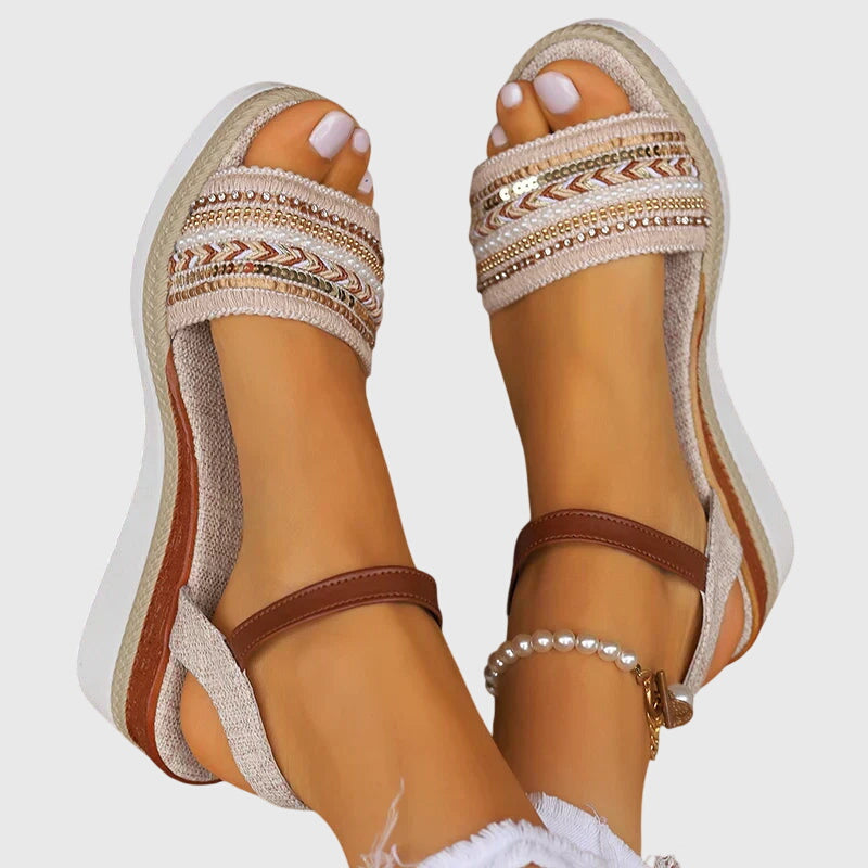 Women's Wedge Sandals with Woven Straps and Ankle Strap - 6