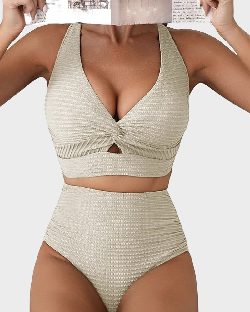 Twist-Front Ribbed High-Waisted Bikini Set - Beige