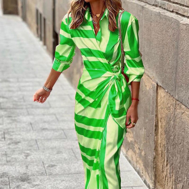 Women's Wrap Midi Dress Striped Long Sleeve with Tie Waist - Green