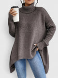 Women's Jumper Roll Neck Long Sleeve Asymmetric Hem - Espresso Brown