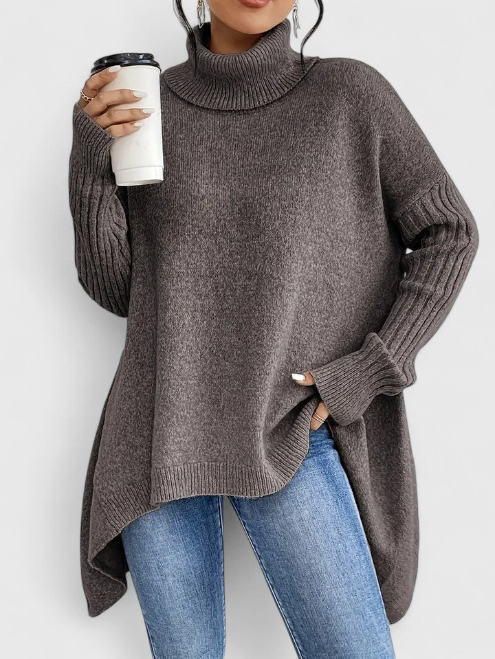 Women's Jumper Roll Neck Long Sleeve Asymmetric Hem - Espresso Brown