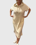 Women's Hooded Dress Short Sleeve with Kangaroo Pocket - Beige