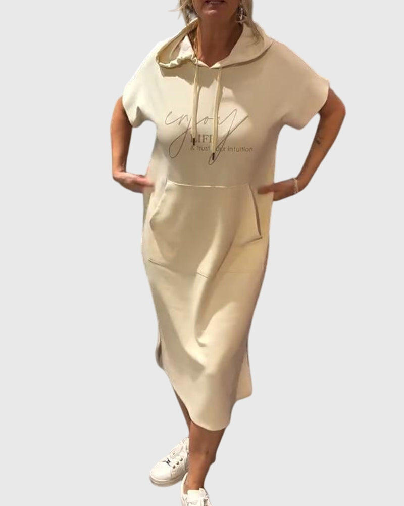 Women's Hooded Dress Short Sleeve with Kangaroo Pocket - Beige