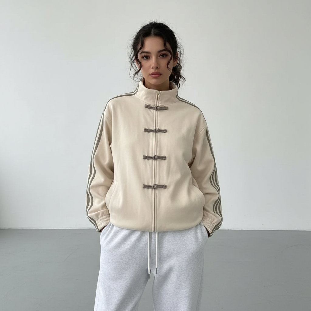 Women's Track Jacket with Button Loops and Contrast Stripes - 6