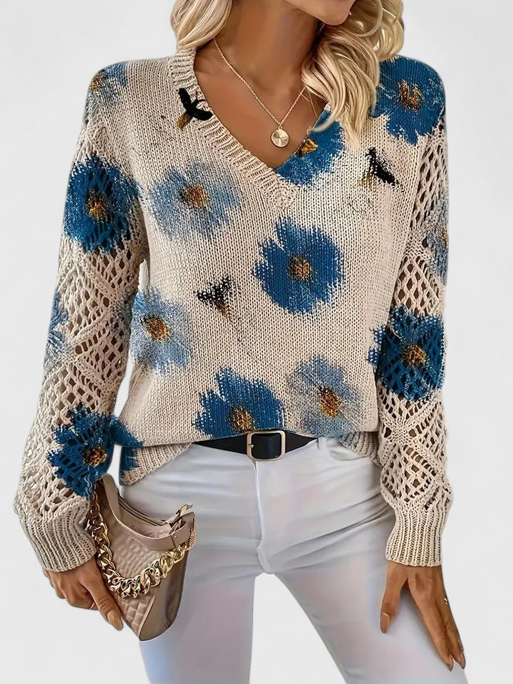 Women's Cardigan Floral Print with Lattice Sleeves and V-Neck - 15