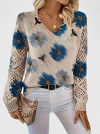 Women's Cardigan Floral Print with Lattice Sleeves and V-Neck - 15