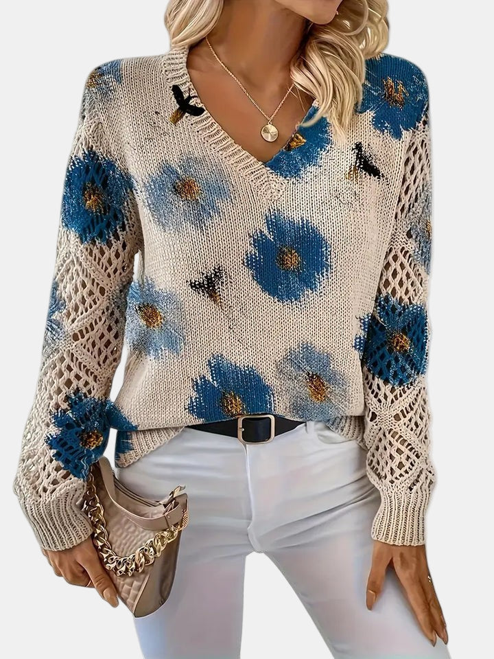 Women's Jumper V-Neck Floral Print with Crochet Sleeves - 15