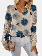 Women's Jumper V-Neck Floral Print with Crochet Sleeves - 15