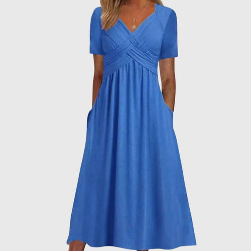 Women's Midi Dress Short Sleeve with Crossover V-Neck and A-Line Skirt - Blue