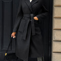 Women's Belted Long Coat Notch Lapel Front Pockets - Black