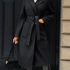 Women's Belted Long Coat Notch Lapel Front Pockets - Black