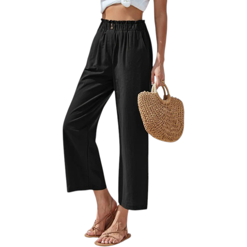 Women's High-Waisted Straight-Leg Trousers with Elastic Paperbag Waist