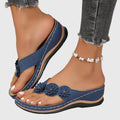 Women's Toe-Post Wedge Sandals with Floral Trim - Navy Blue