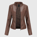 Women's Faux Leather Jacket with Stand Collar and Zip Front - Dark brown