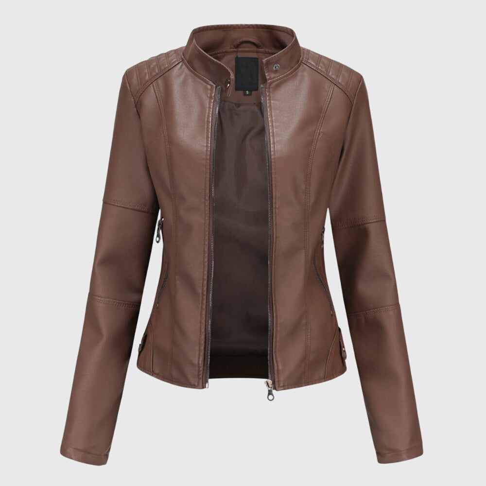 Women's Faux Leather Jacket with Stand Collar and Zip Front - Dark brown