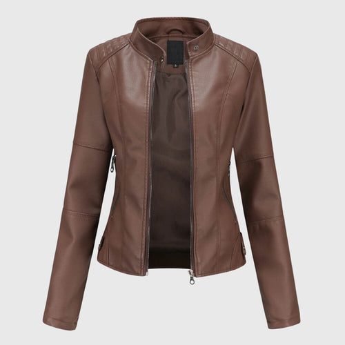 Women's Faux Leather Jacket with Stand Collar and Zip Front - Dark brown