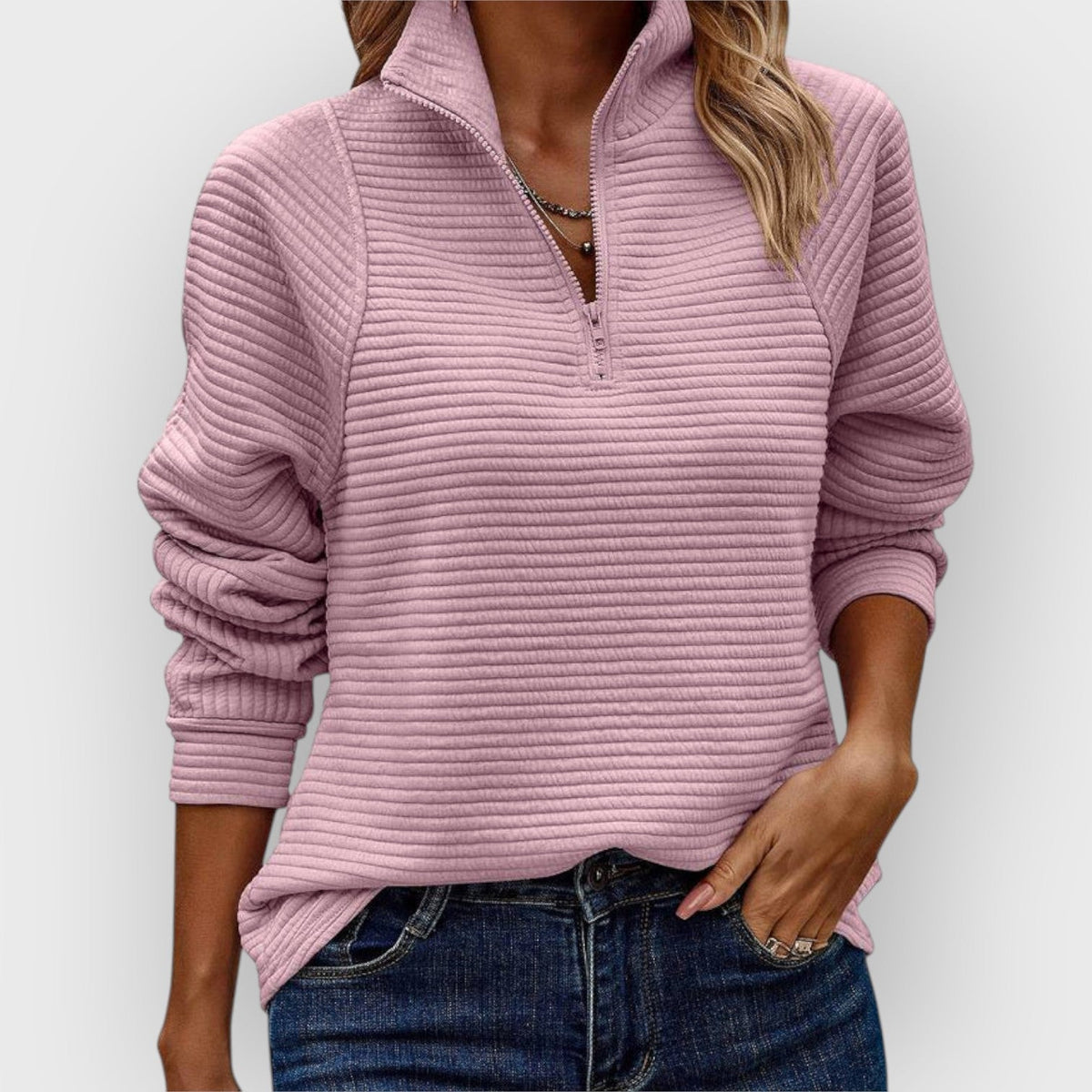 Women's Jumper with Zip Collar and Ribbed Texture - Light Pink