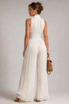 Women's Pleated Jumpsuit Sleeveless with Plunge Neckline and Wide Leg - 5
