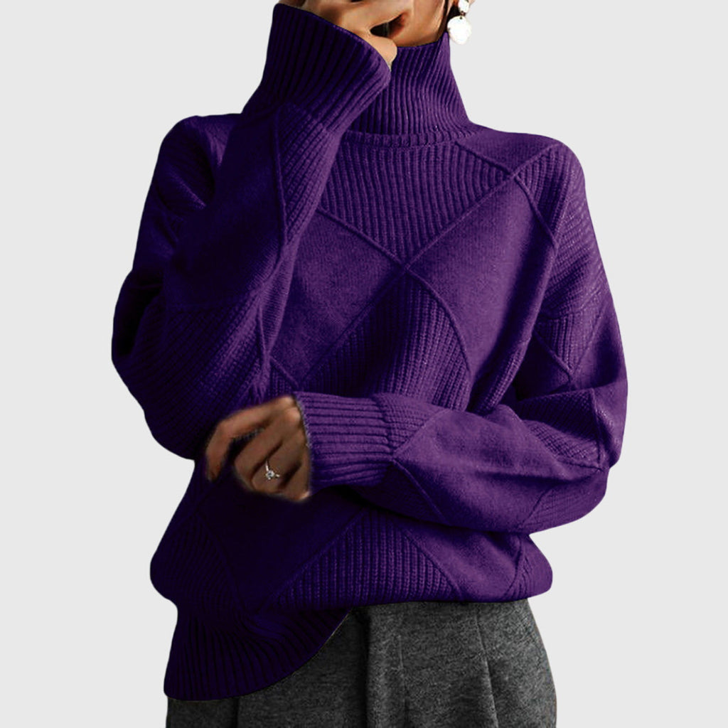 Women's Roll Neck Jumper with Geometric Knit Pattern - Purple