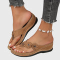 Women's Toe-Post Wedge Sandals with Floral Trim - Dark Brown
