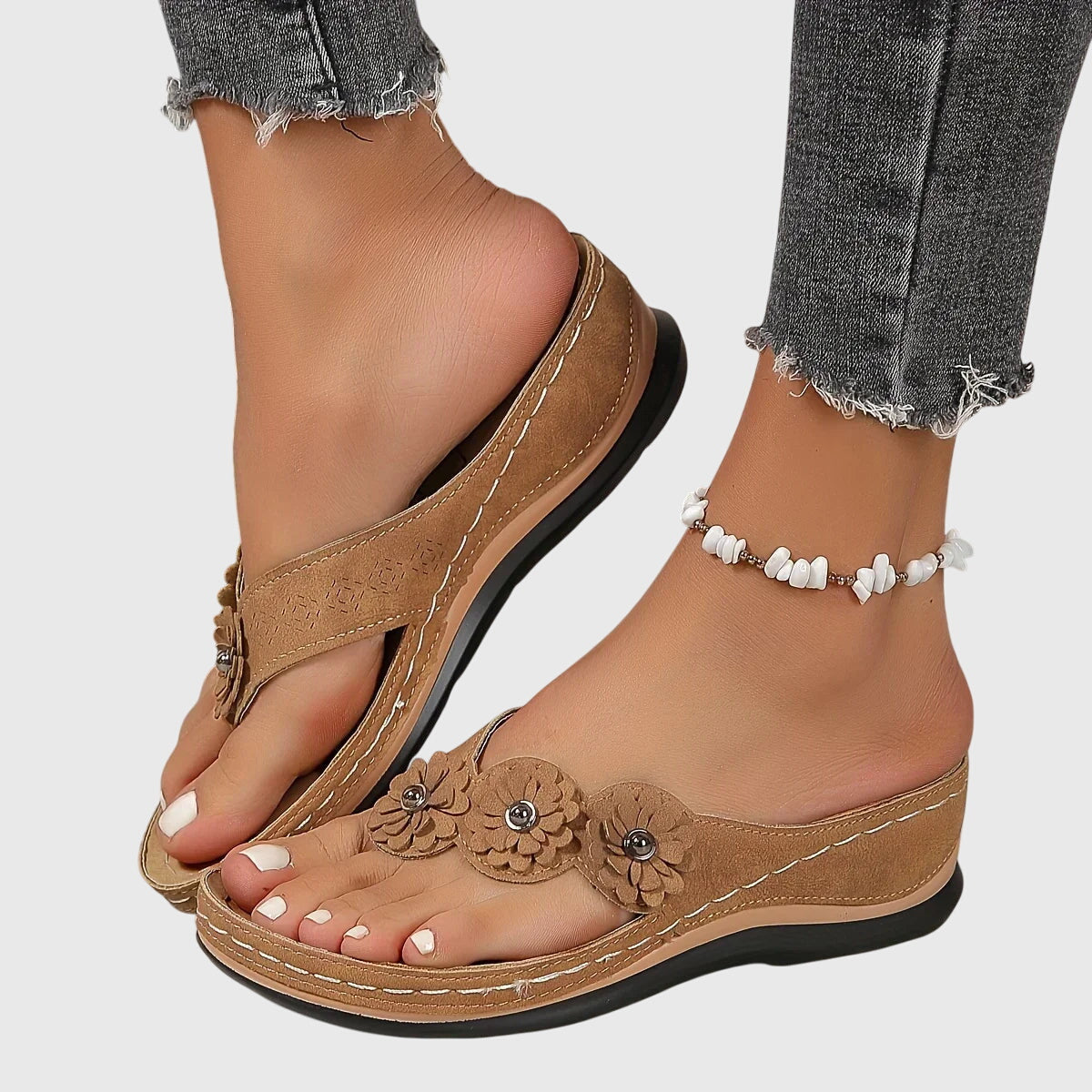Women's Toe-Post Wedge Sandals with Floral Trim - Dark Brown