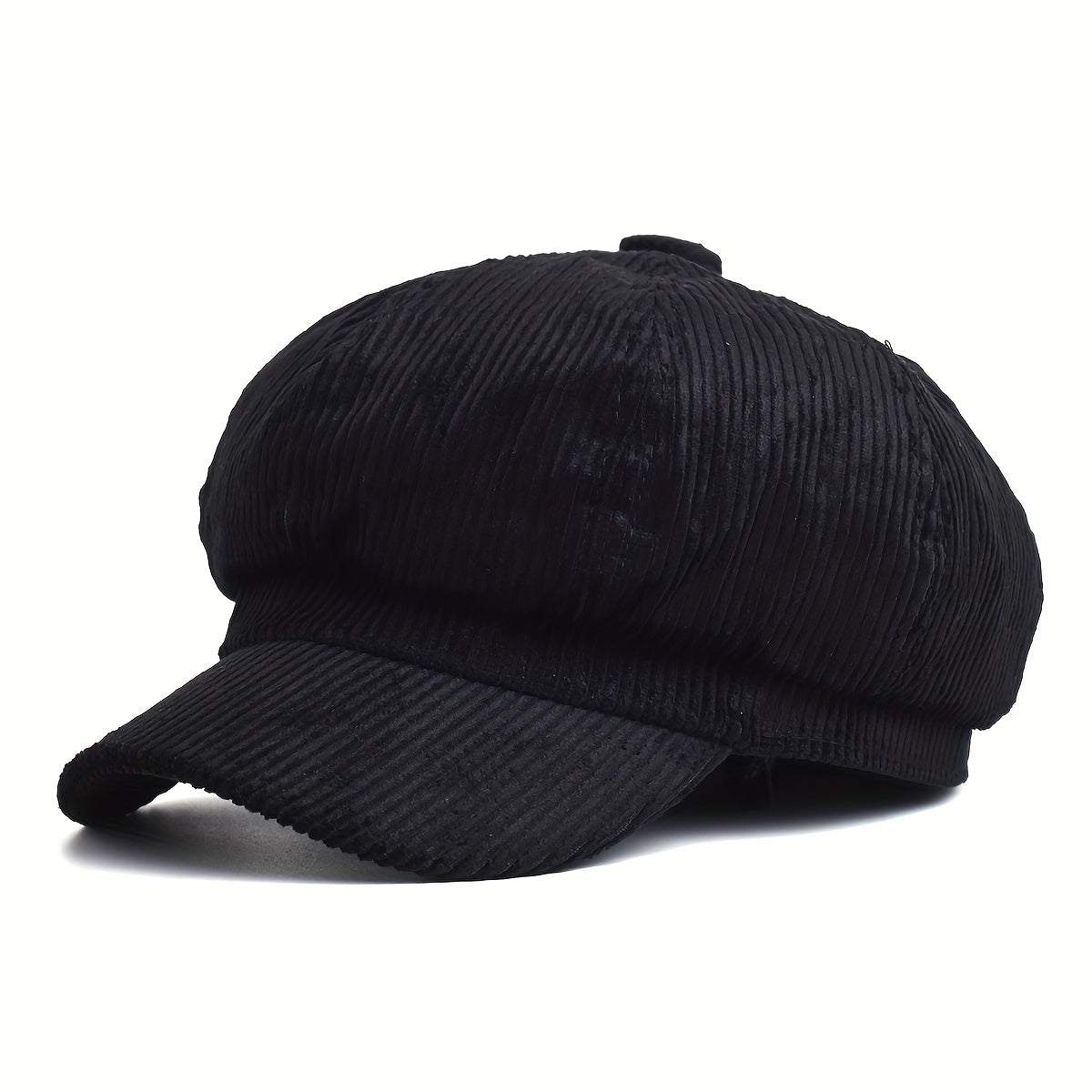 Women's Newsboy Cap with Ribbed Texture and Rounded Panels - Black