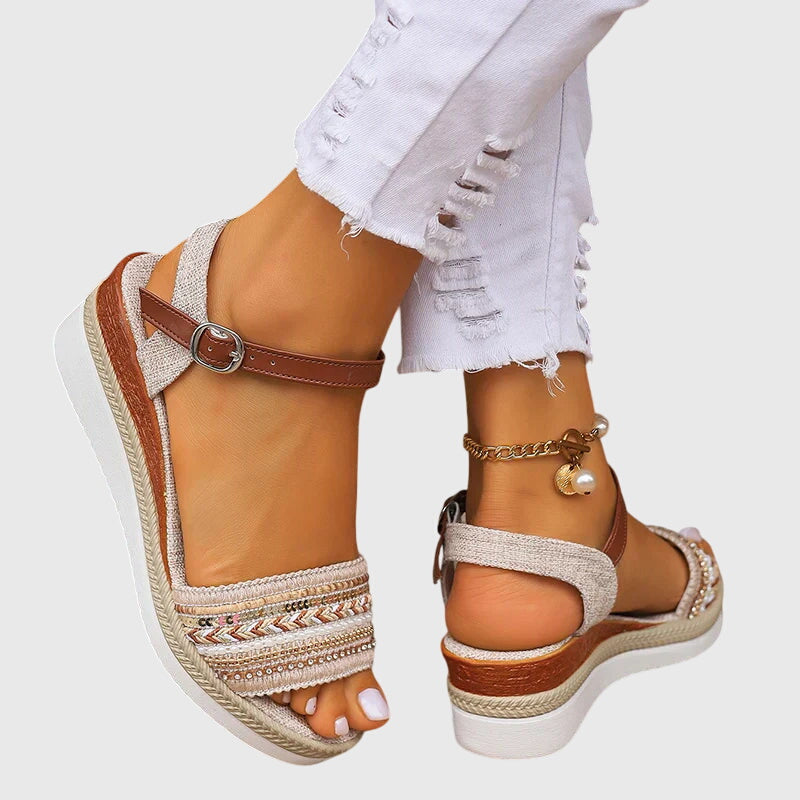 Women's Wedge Sandals with Woven Straps and Ankle Strap - 3