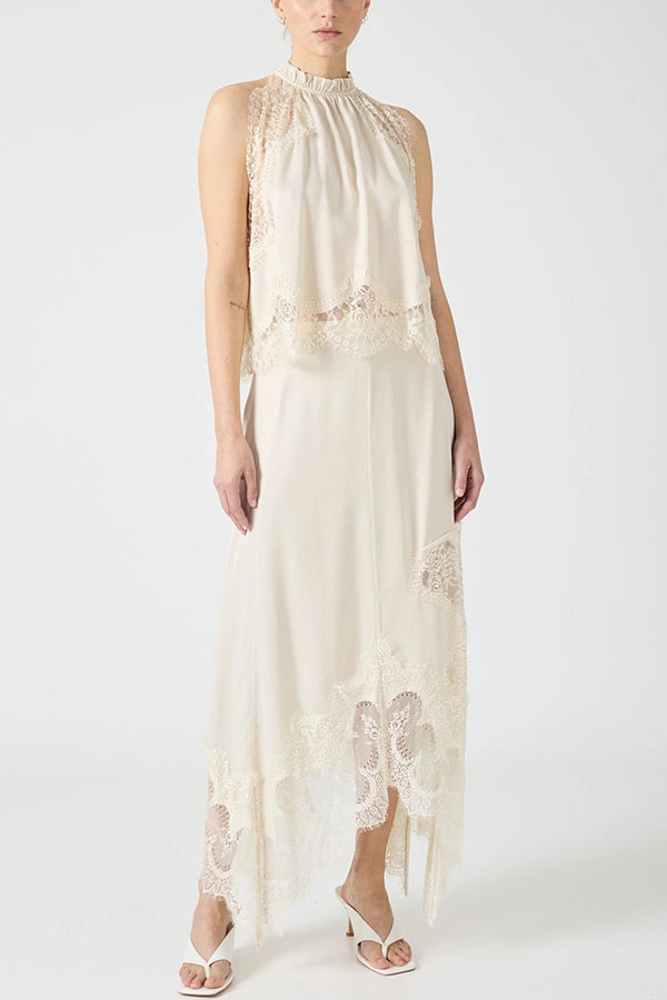 Women's Satin Lace-Trim Top and A-Line Slit Skirt Set - 10