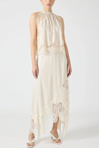 Women's Satin Lace-Trim Top and A-Line Slit Skirt Set - 10