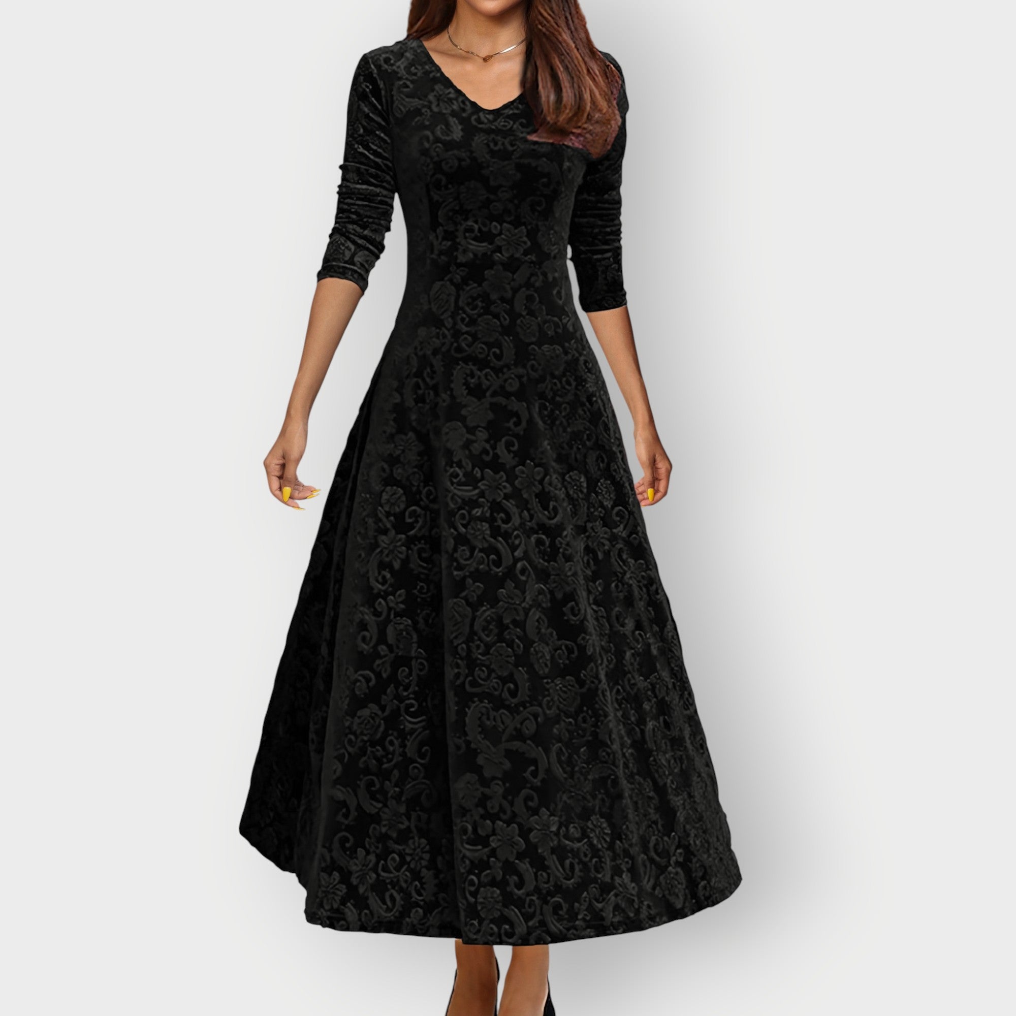Women's Midi Dress with V-Neck and Flared Skirt - Black