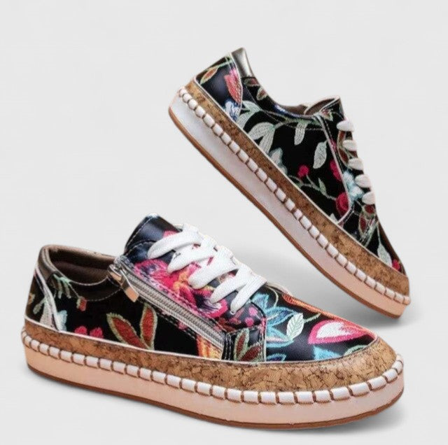 Women's Trainers Slip-On Floral Print with Espadrille Sole - Black Exotic