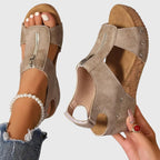 Women's Wedge Sandals with Front Zip and Studded Straps - Beige