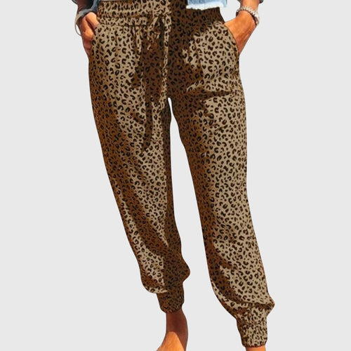Women's Wide Leg Trousers with Animal Print and Elasticated Waist - Brown