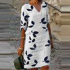 Women's Leaf Print Midi Dress with V-Neck and Three-Quarter Sleeves - White