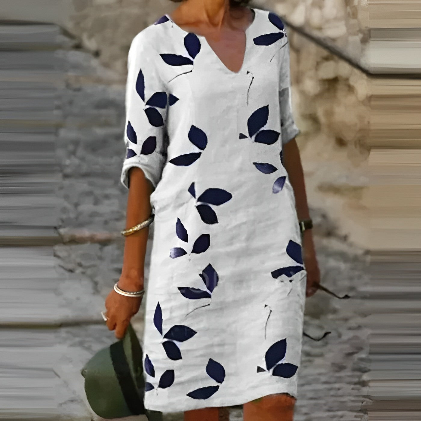 Women's Leaf Print Midi Dress with V-Neck and Three-Quarter Sleeves - White