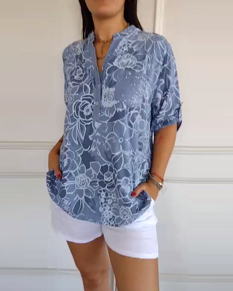 Women's Floral Print Blouse with Roll-Up Sleeves and V-Neck - Light Blue