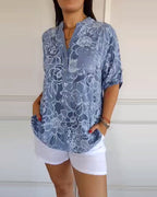 Women's Floral Print Blouse with Roll-Up Sleeves and V-Neck - Light Blue