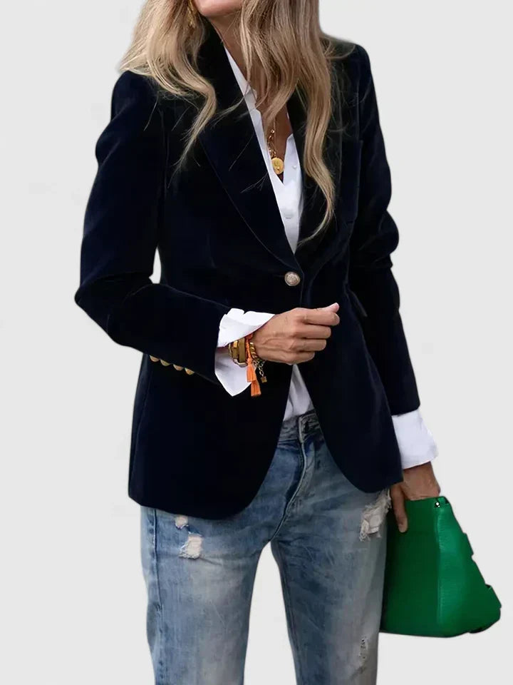 Women's Tailored Blazer with Single-Button Fastening and Notched Lapel - Black