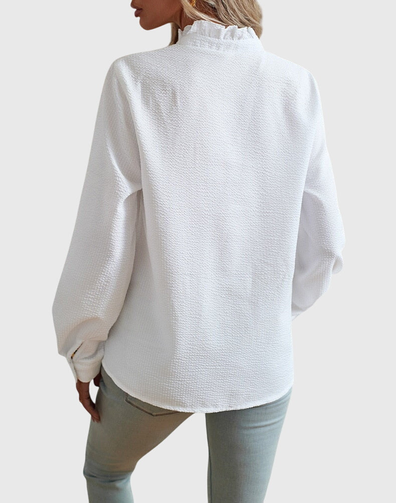 Women's Long Sleeve Blouse with Ruffle Trim and Button Front - 5