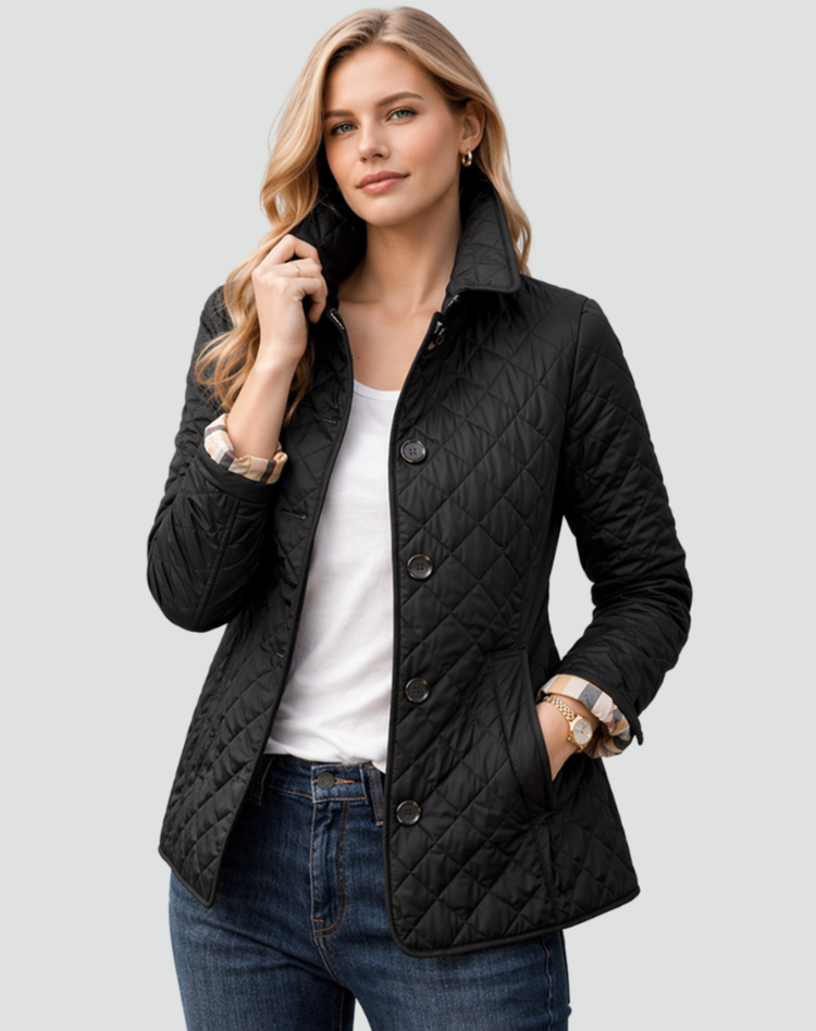Women's Quilted Jacket with Collar and Button Closure - Black