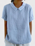 Women's Shirt Short Sleeve with Peter Pan Collar - Blue