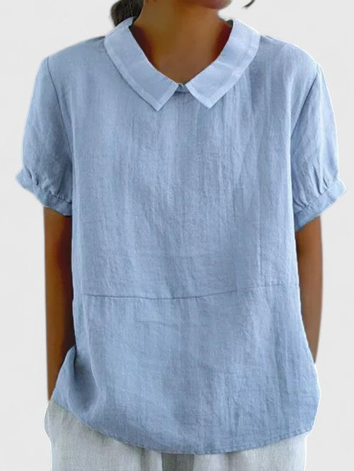 Women's Shirt Short Sleeve with Peter Pan Collar - Blue