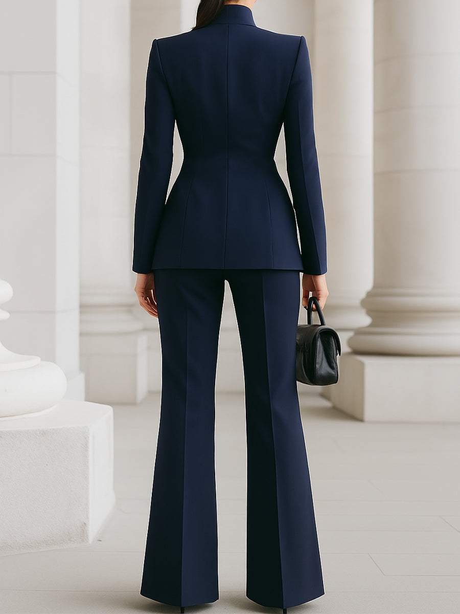 Women's Tailored Blazer and Trouser Suit with Stand Collar and Flared Leg - 8